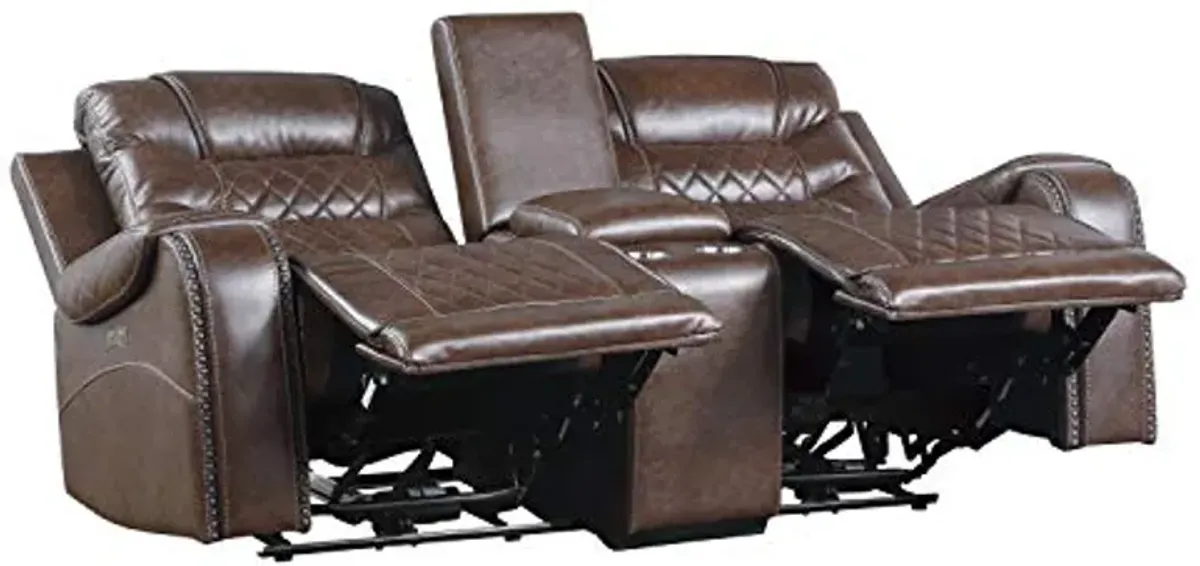 Lexicon Home Theater Seating, Microfiber Power Reclining Loveseat with Center Console, Cup Holders, USB Ports, Power Outlets, 2-Seat Dual Loveseat Recliner for Living Room, Brown