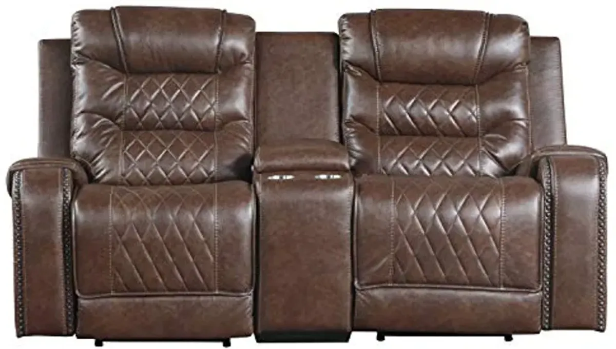 Lexicon Home Theater Seating, Microfiber Power Reclining Loveseat with Center Console, Cup Holders, USB Ports, Power Outlets, 2-Seat Dual Loveseat Recliner for Living Room, Brown