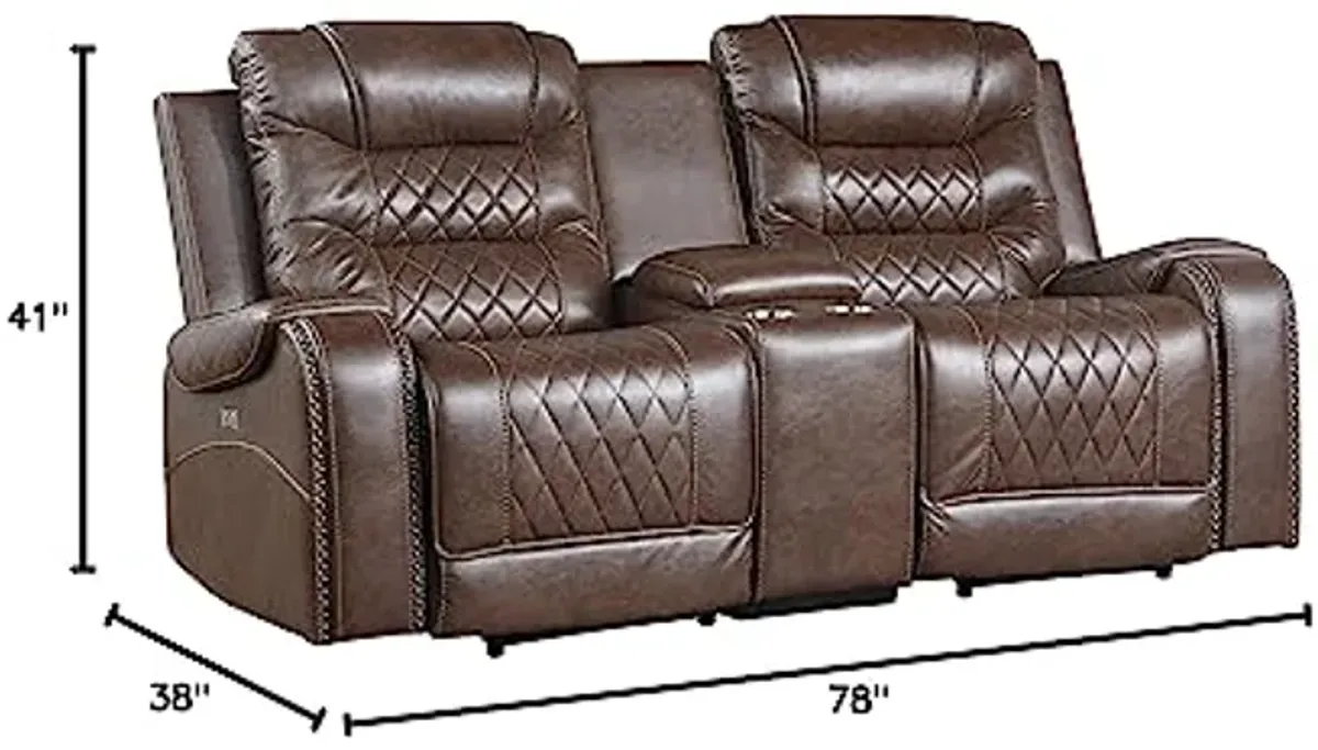 Lexicon Home Theater Seating, Microfiber Power Reclining Loveseat with Center Console, Cup Holders, USB Ports, Power Outlets, 2-Seat Dual Loveseat Recliner for Living Room, Brown