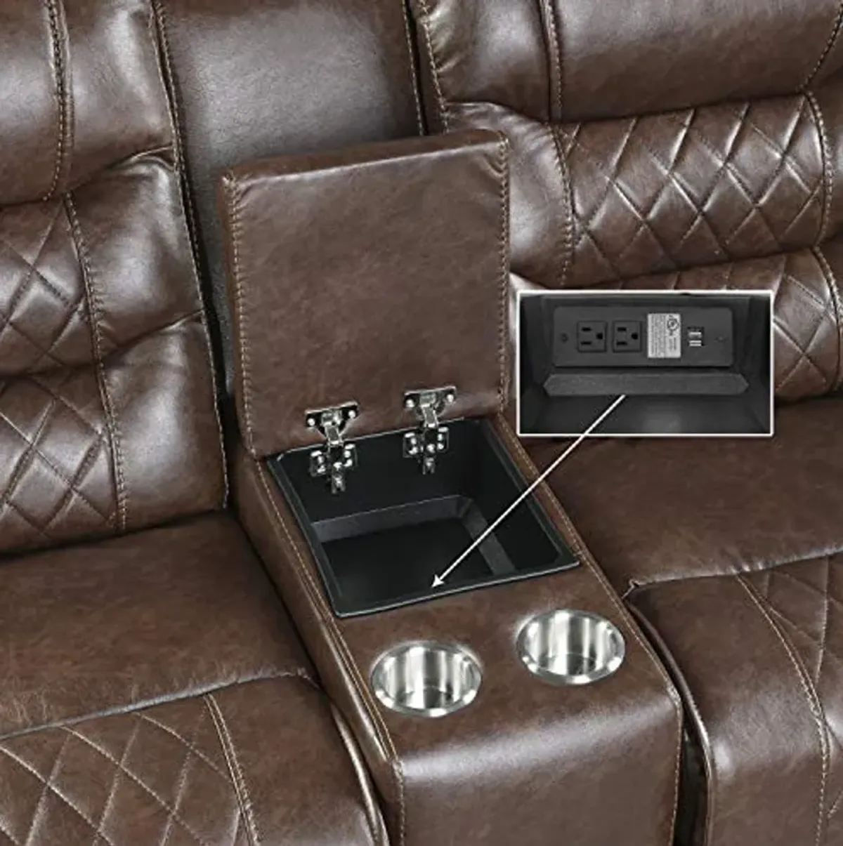 Lexicon Home Theater Seating, Microfiber Power Reclining Loveseat with Center Console, Cup Holders, USB Ports, Power Outlets, 2-Seat Dual Loveseat Recliner for Living Room, Brown