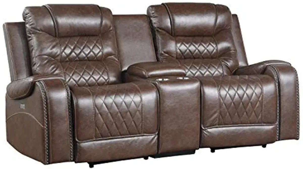 Lexicon Home Theater Seating, Microfiber Power Reclining Loveseat with Center Console, Cup Holders, USB Ports, Power Outlets, 2-Seat Dual Loveseat Recliner for Living Room, Brown