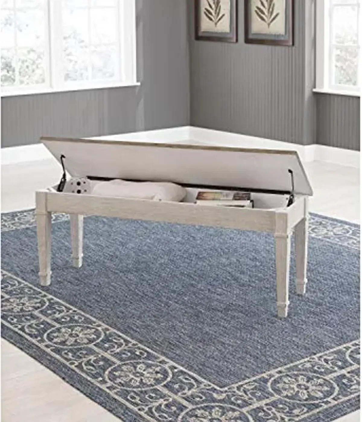 Signature Design by Ashley Skempton Farmhouse Storage Bench, White & Light Brown