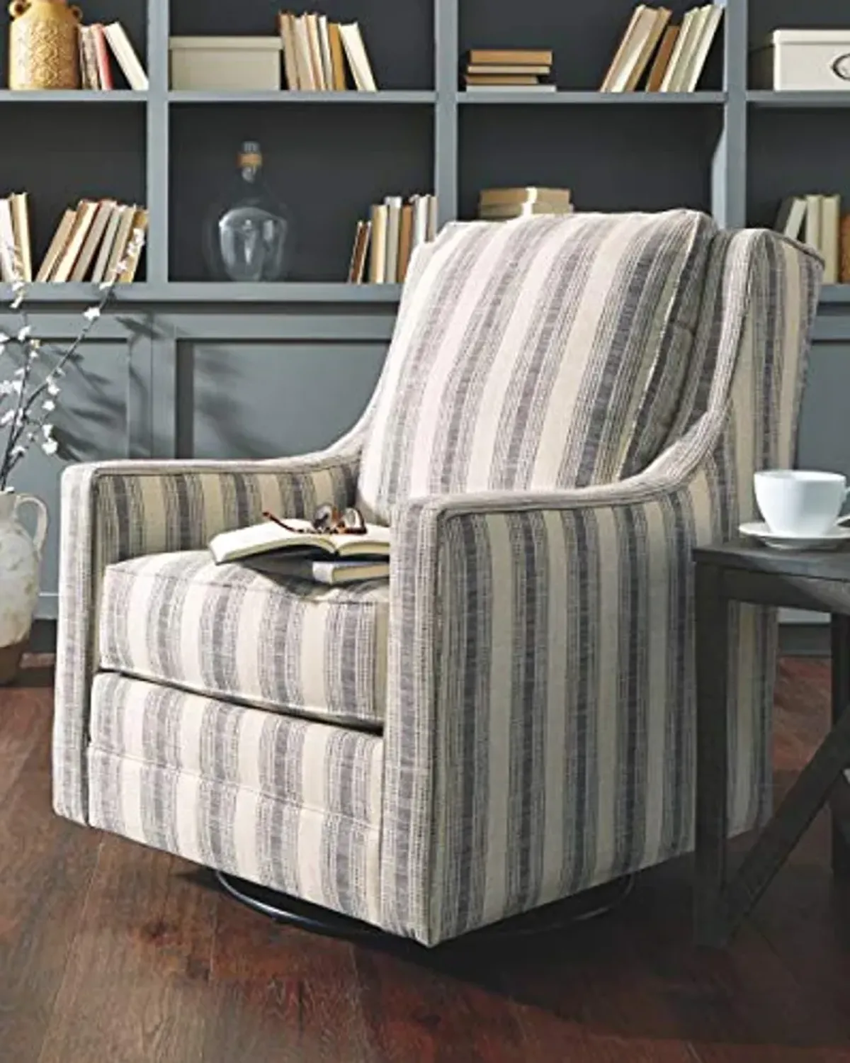 Signature Design by Ashley Kambria Striped Upholstered Swivel Accent Glider Chair, Ivory & Black