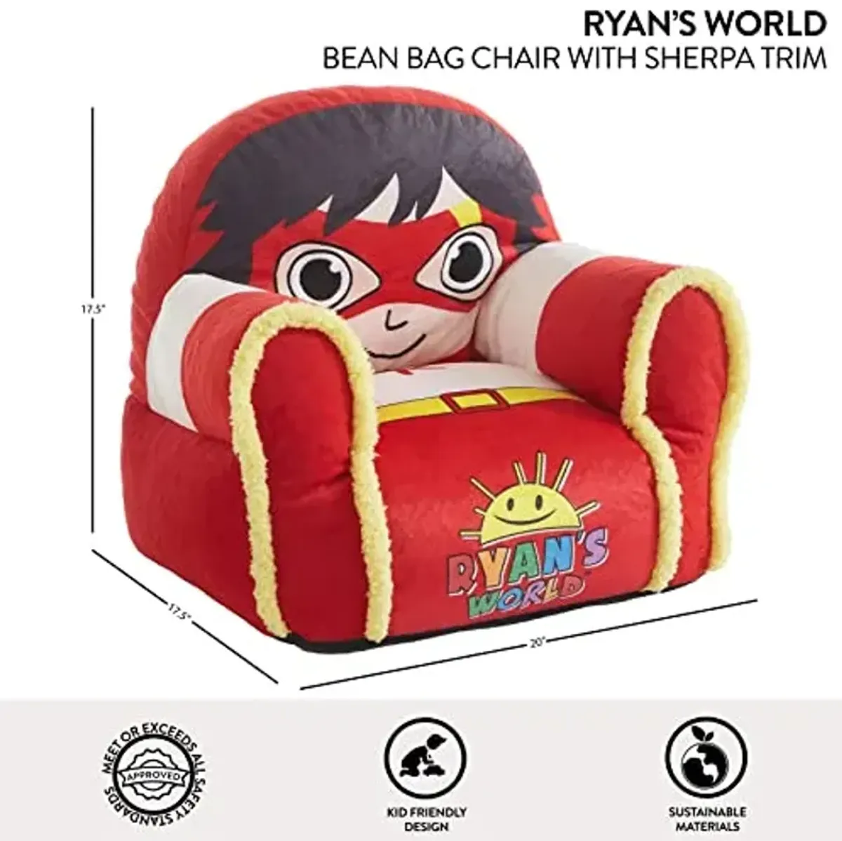 Idea Nuova Ryan's World Plush Bean Bag Chair with Sherpa Trim Red