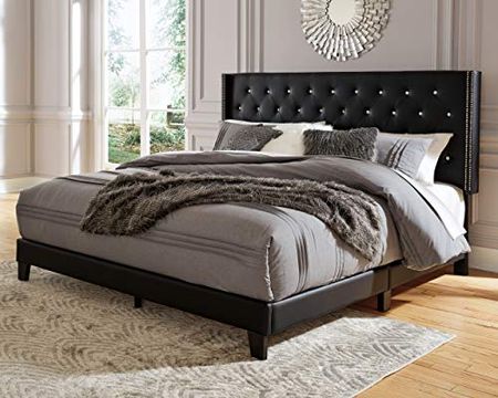 Signature Design by Ashley Vintasso Glam Button-Tufted Faux Leather Platform Bed with Rhinestones, Queen, Black
