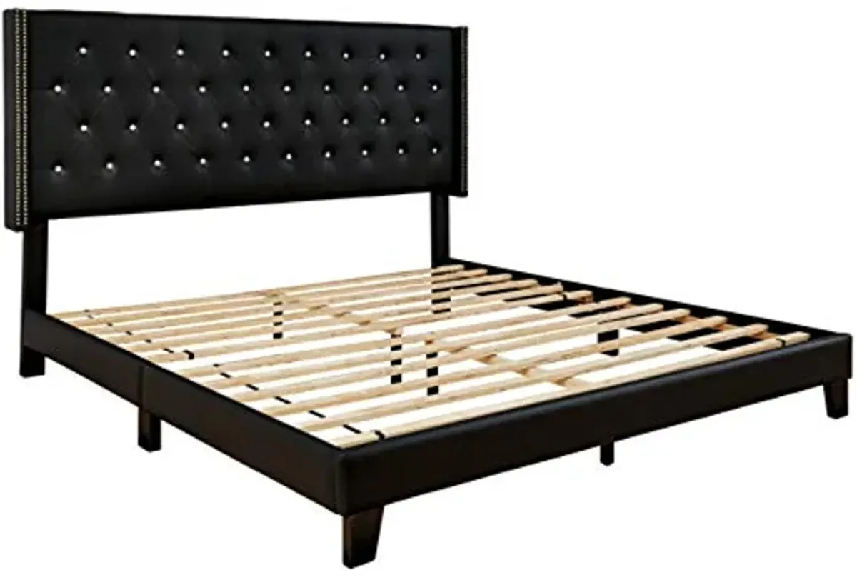 Signature Design by Ashley Vintasso Glam Button-Tufted Faux Leather Platform Bed with Rhinestones, Queen, Black