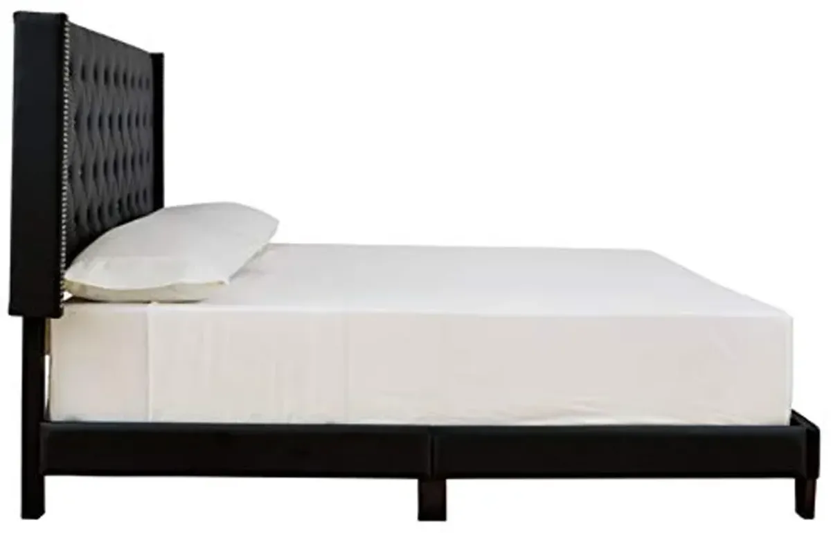 Signature Design by Ashley Vintasso Glam Button-Tufted Faux Leather Platform Bed with Rhinestones, Queen, Black