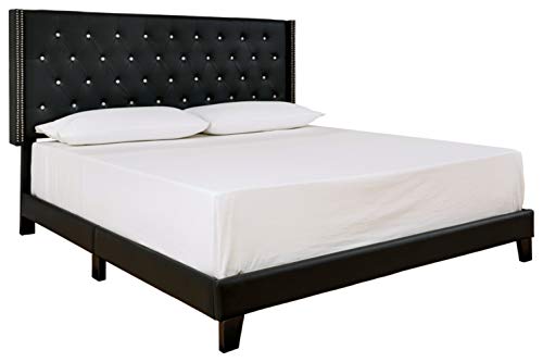 Signature Design by Ashley Vintasso Glam Button-Tufted Faux Leather Platform Bed with Rhinestones, Queen, Black