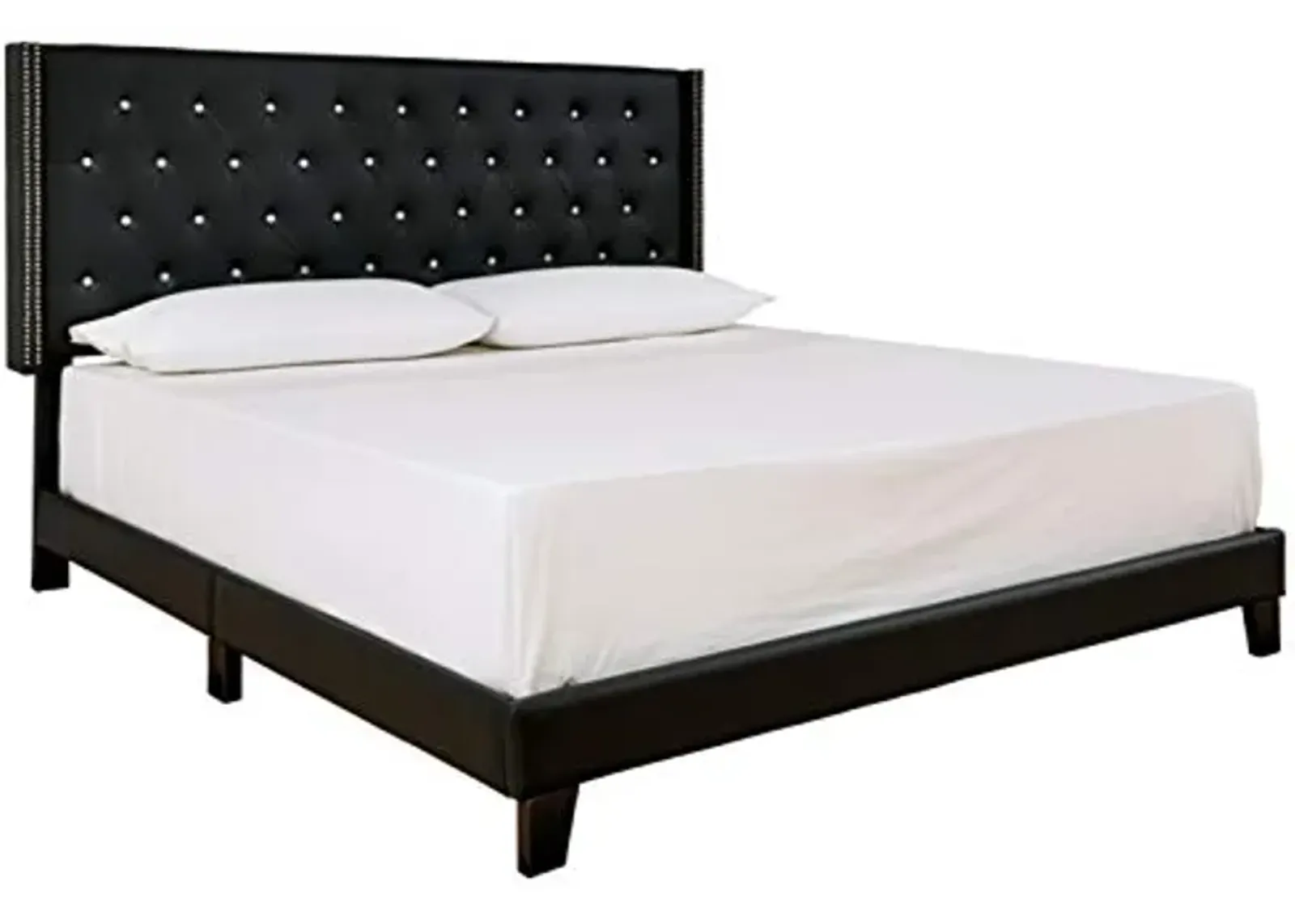 Signature Design by Ashley Vintasso Glam Button-Tufted Faux Leather Platform Bed with Rhinestones, Queen, Black