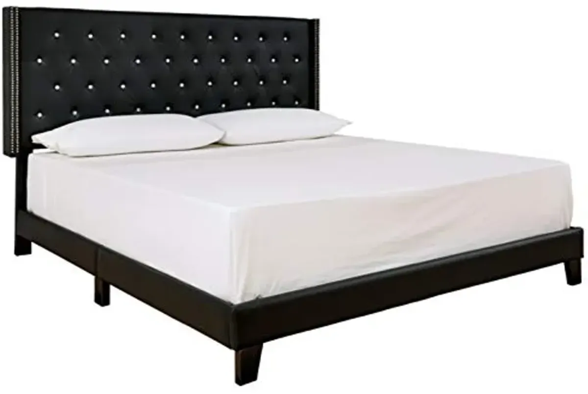 Signature Design by Ashley Vintasso Glam Button-Tufted Faux Leather Platform Bed with Rhinestones, Queen, Black