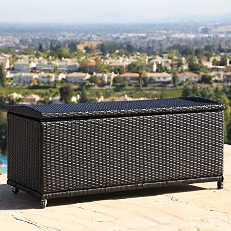 Abbyson Living All Weather Outdoor Black Wicker Storage Deck Box Ottoman Chest for Pool Cushions Decor Furniture Toys