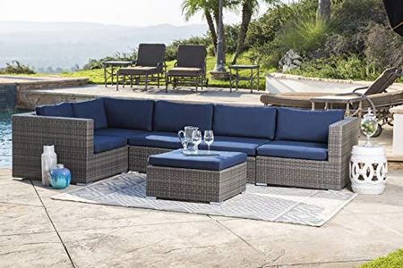Abbyson Living Outdoor Patio Sofa Modular Wicker Sectional Couch and Matching Ottoman, Grey/Navy