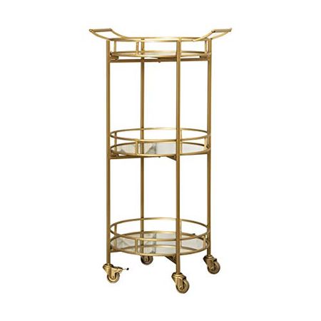 Abbyson Living 3 Tier Round Rolling Bar Cart with Mirrored Shelves, Gold