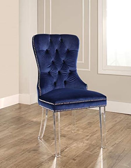 Abbyson Living Velvet Upholstered Dining Chair with Button Tufted Seat Back, Nailhead Trim, and Clear Acrylic Chair Legs, Navy