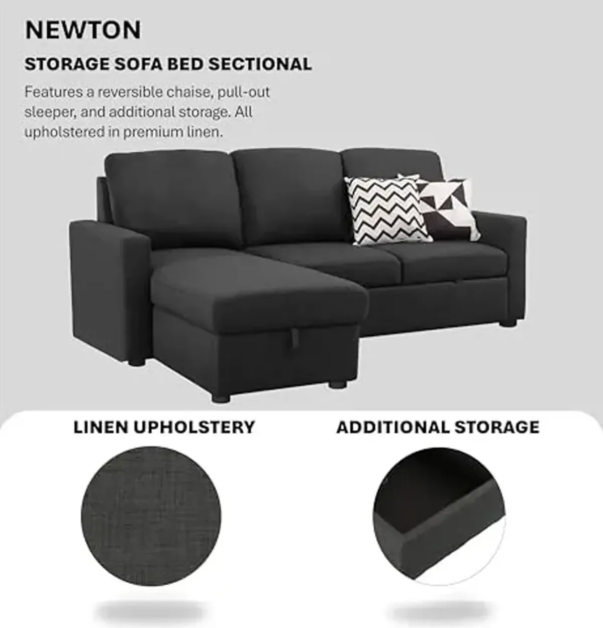 Abbyson Living Newton Sectional Sofa Bed - Upholstered, Reversible Chaise, Pull Out Couch, Grey