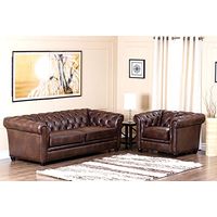 Abbyson Living Premium Top Grain Leather 2-Piece Sofa and Armchair Set with Button Tufted Seat, Brown