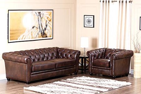 Abbyson Living Premium Top Grain Leather 2-Piece Sofa and Armchair Set with Button Tufted Seat, Brown