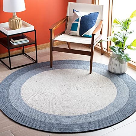 SAFAVIEH Braided Collection 5' Round Ivory/Blue BRD903M Handmade Country Cottage Reversible Wool Entryway Foyer Living Room Bedroom Kitchen Area Rug