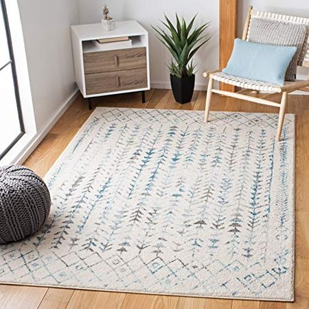 SAFAVIEH Tulum Collection 9' x 12' Ivory / Turquoise TUL262C Moroccan Boho Distressed Non-Shedding Living Room Bedroom Dining Home Office Area Rug