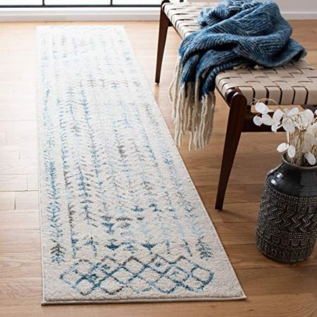 SAFAVIEH Tulum Collection 2' x 9' Ivory / Turquoise TUL262C Moroccan Boho Distressed Non-Shedding Living Room Entryway Foyer Hallway Bedroom Runner Rug