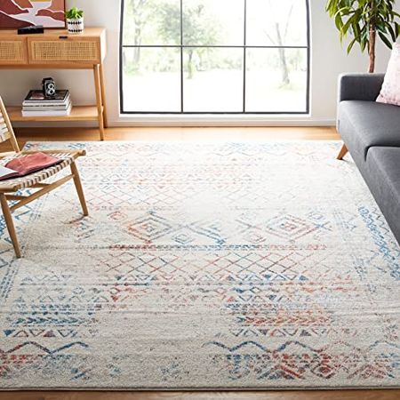 SAFAVIEH Tulum Collection 9' x 12' Ivory / Turquoise TUL268M Moroccan Boho Distressed Non-Shedding Living Room Bedroom Dining Home Office Area Rug