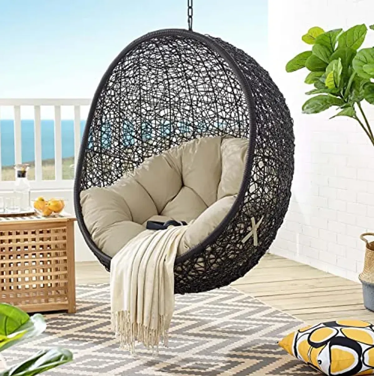 Modway EEI-3635-BLK-BEI Encase Wicker Rattan Outdoor Patio Swing Chair with Hanging Steel Chain in Black Beige