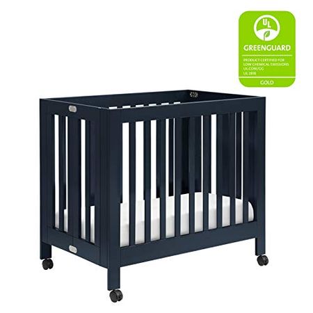 Babyletto Origami Mini Portable Folding Crib with Wheels in Navy, 2 Adjustable Mattress Positions, Greenguard Gold Certified