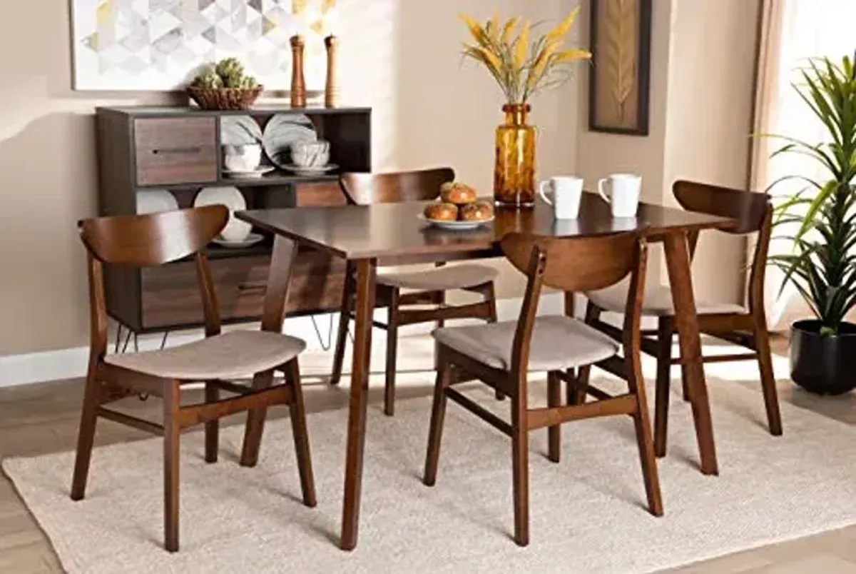 Baxton Studio Orion Mid-Century Modern Transitional Light Beige Fabric Upholstered and Walnut Brown Finished Wood 5-Piece Dining Set