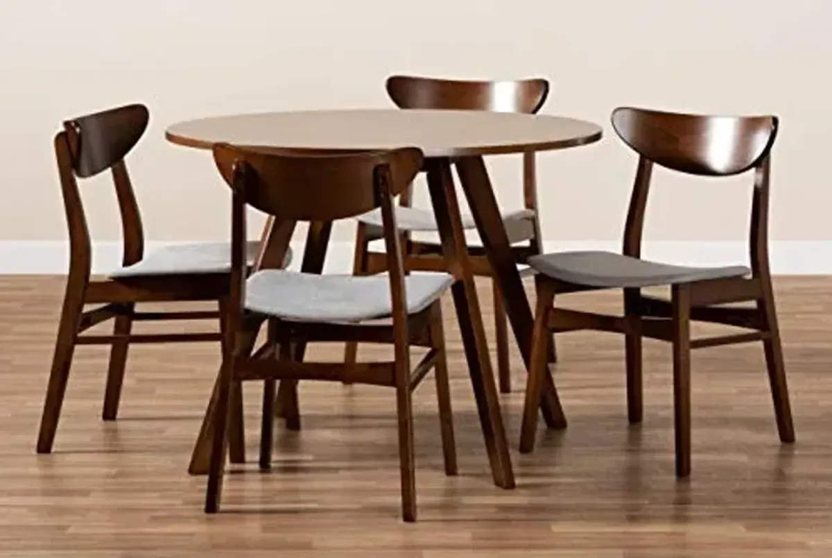 Baxton Studio Philip Mid-Century Modern Transitional Light Grey Fabric Upholstered and Walnut Brown Finished Wood 5-Piece Dining Set