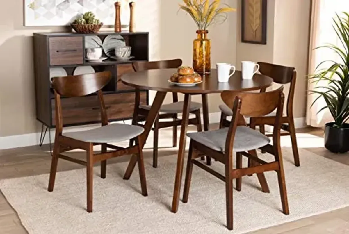 Baxton Studio Philip Mid-Century Modern Transitional Light Grey Fabric Upholstered and Walnut Brown Finished Wood 5-Piece Dining Set