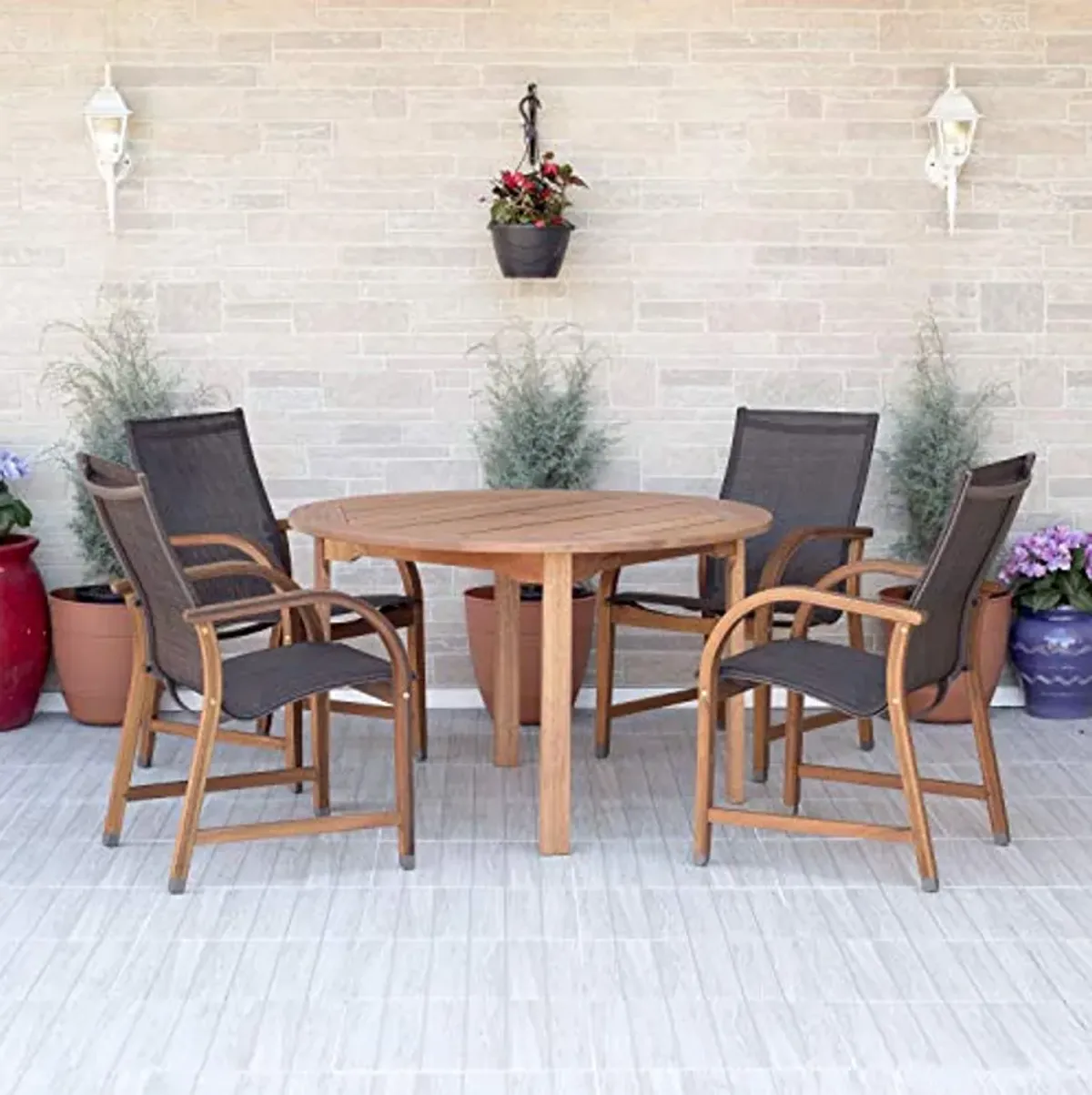 Amazonia Bahamas 5-Piece Patio Round Dining Table Set | Eucalyptus Wood | Ideal for Outdoors and Indoors, Brown