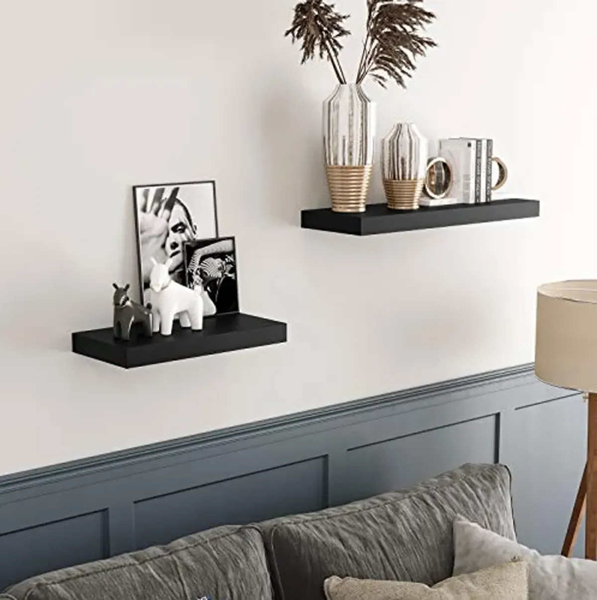 SONGMICS Floating Wall Shelf 15.7 Inches, with Metal Bracket for Easy Installation, Display Trinkets, Picture Frames, Potted Plants, in The Living Room, Entryway, Bedroom, Black ULWS014B01