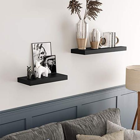 SONGMICS Floating Shelf, Wall Shelf 15.7 Inches, with Metal Bracket for Easy Installation, Display Trinkets, Picture Frames, Potted Plants, in The Living Room, Entryway, Bedroom, Black ULWS014B01