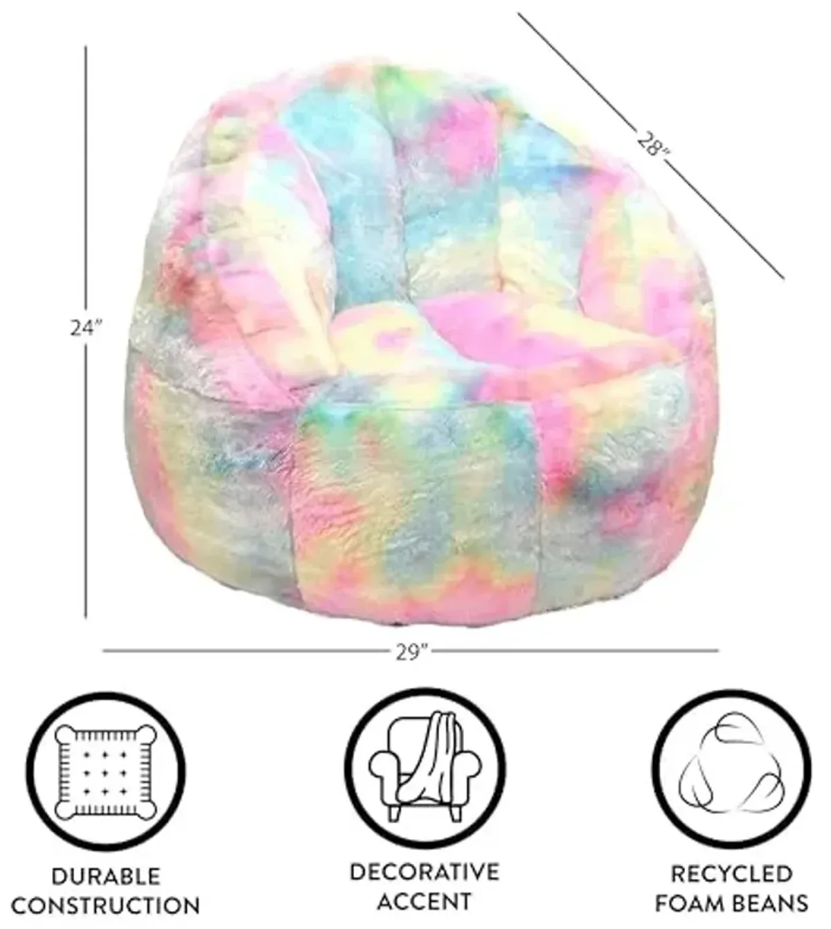 Heritage Kids Sorbet Dreams Large Rainbow Fur Kids Bean Bag Chair Soft Plush Comfortable Playroom Bedroom Seating Cushion Lounger Children Teenager Gaming Chair Multicolor