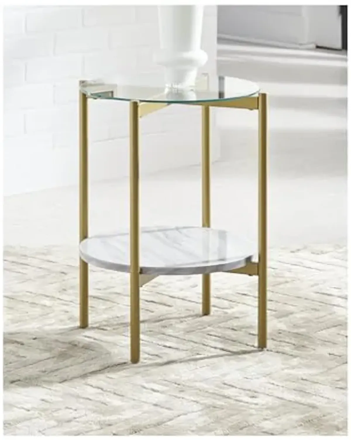 Signature Design by Ashley Wynora Contemporary Round End Table with Glass & Faux Marble, White & Gold