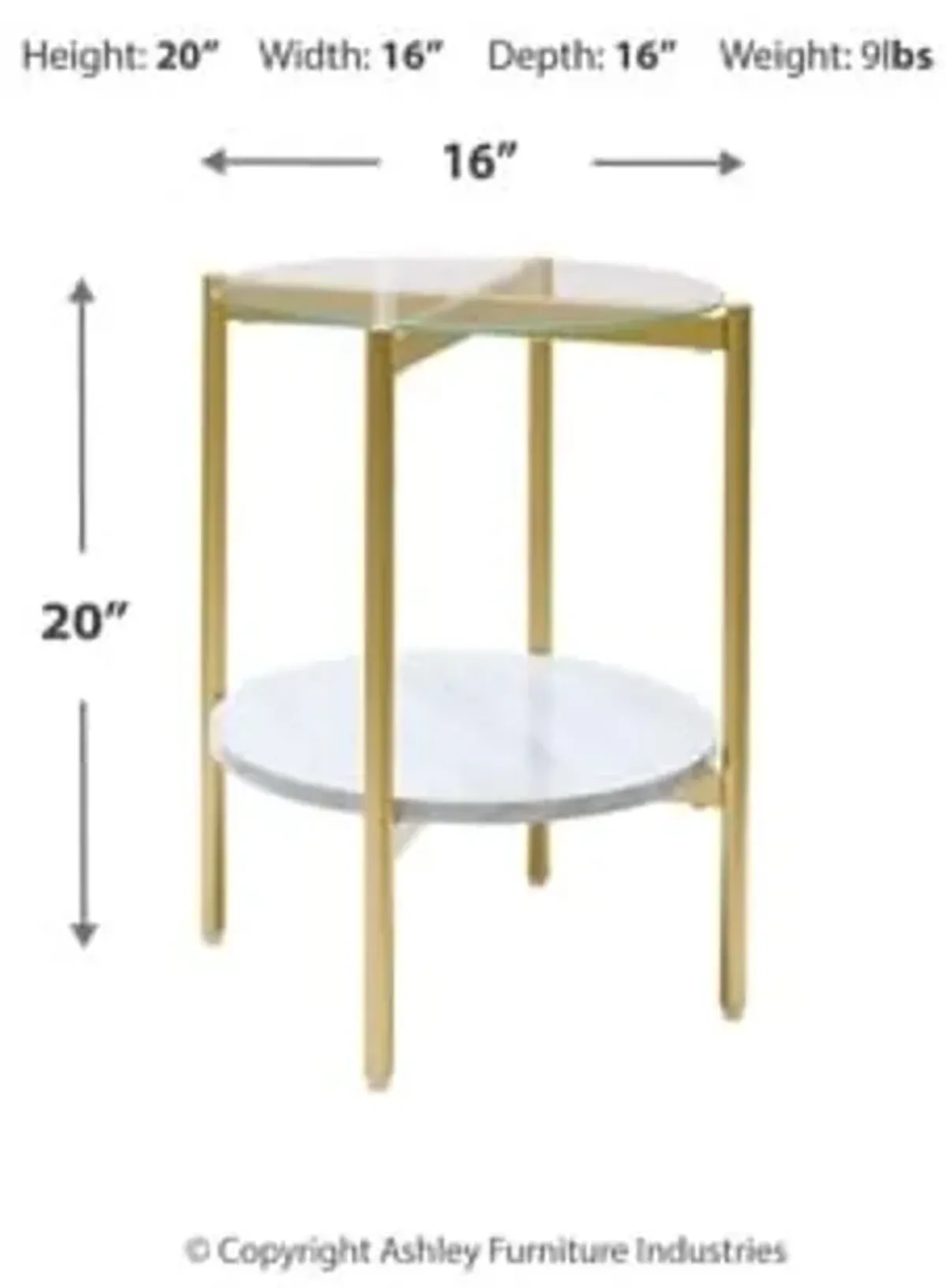 Signature Design by Ashley Wynora Contemporary Round End Table with Glass & Faux Marble, White & Gold