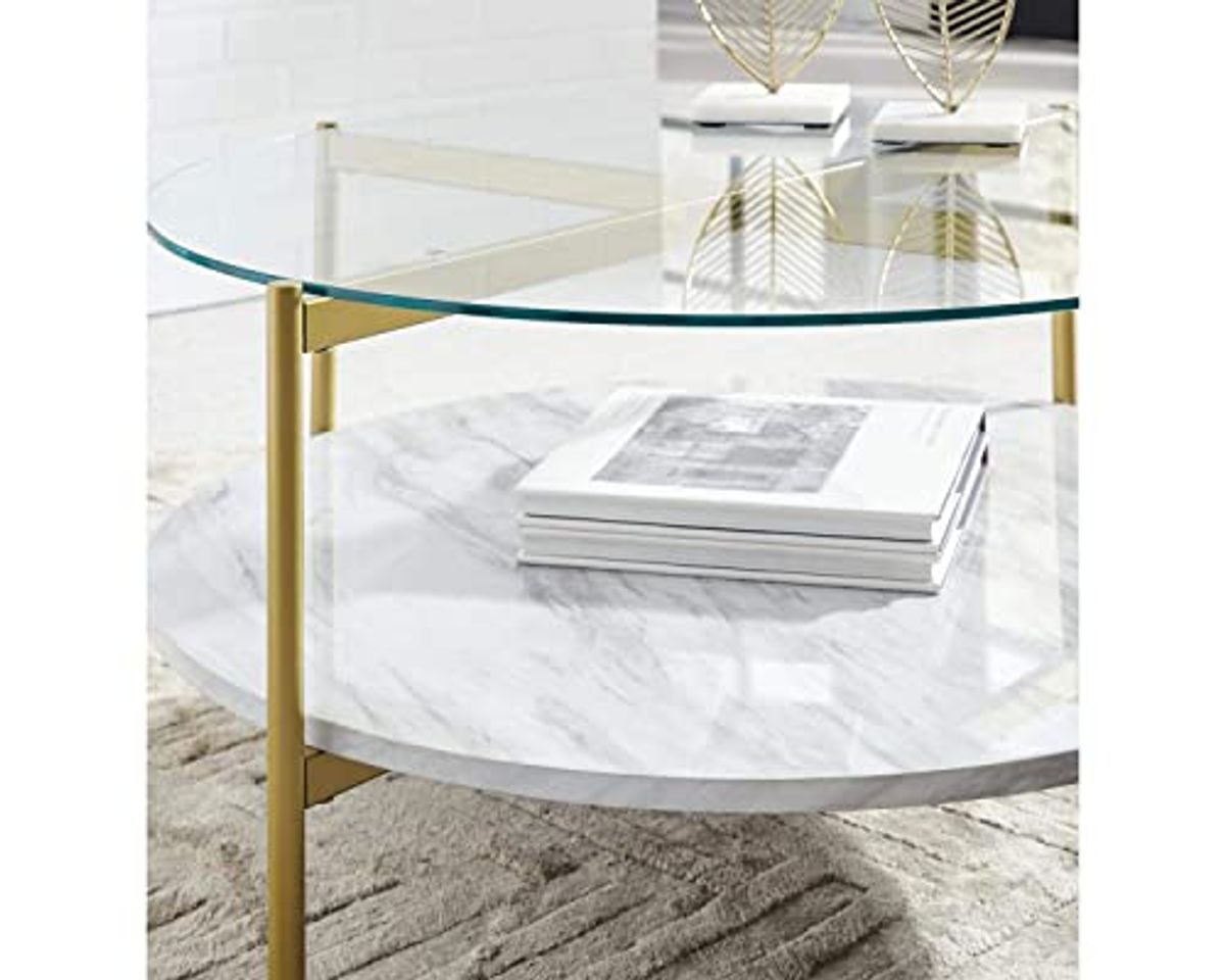 Signature Design by Ashley Wynora Contemporary Round Coffee Table with Glass & Faux Marble, White & Gold