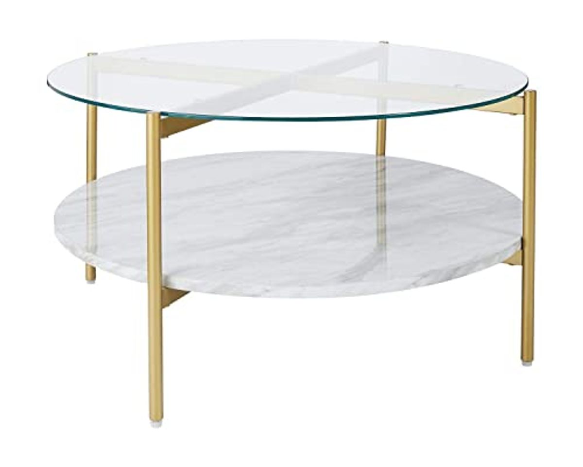 Signature Design by Ashley Wynora Contemporary Round Coffee Table with Glass & Faux Marble, White & Gold