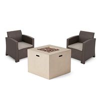 Christopher Knight Home Leopold Outdoor 2-Seater Wicker Print Chat Set with Propane Fire Pit, Brown + Mixed Biege + Light Gray