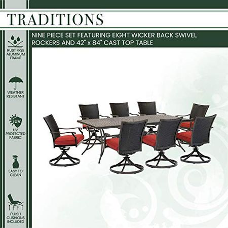 Hanover Traditions 9-Piece Red with 8 Wicker Back Swivel Rockers Outdoor Dining Set
