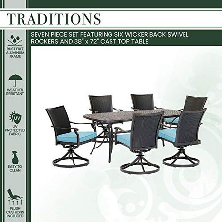 Hanover Traditions 7-Piece Blue with 6 Wicker Back Swivel Rockers Outdoor Dining Set