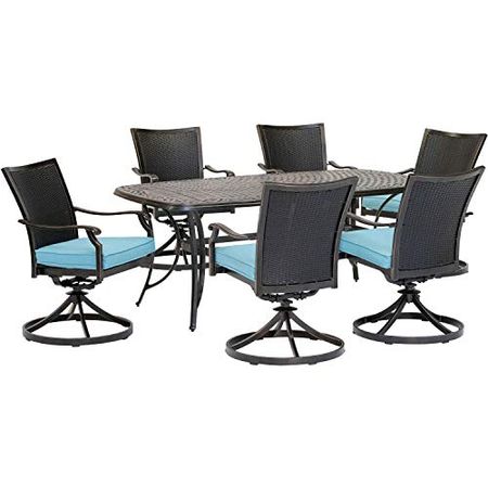Hanover Traditions 7-Piece Blue with 6 Wicker Back Swivel Rockers Outdoor Dining Set