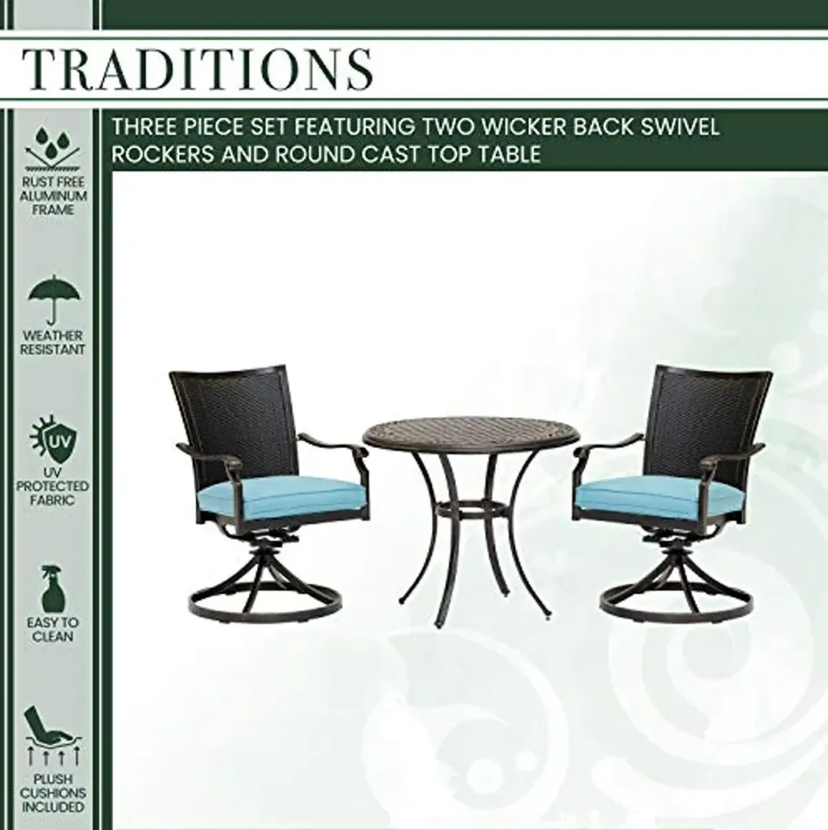 Hanover Traditions 3-Piece Patio Bistro Set, 2 Cushioned Wicker Back Cast Aluminum Swivel Rocker Chairs and 32" Round Cast Table, All-Weather Outdoor Conversation Set for Backyard, Patio, Deck, Porch