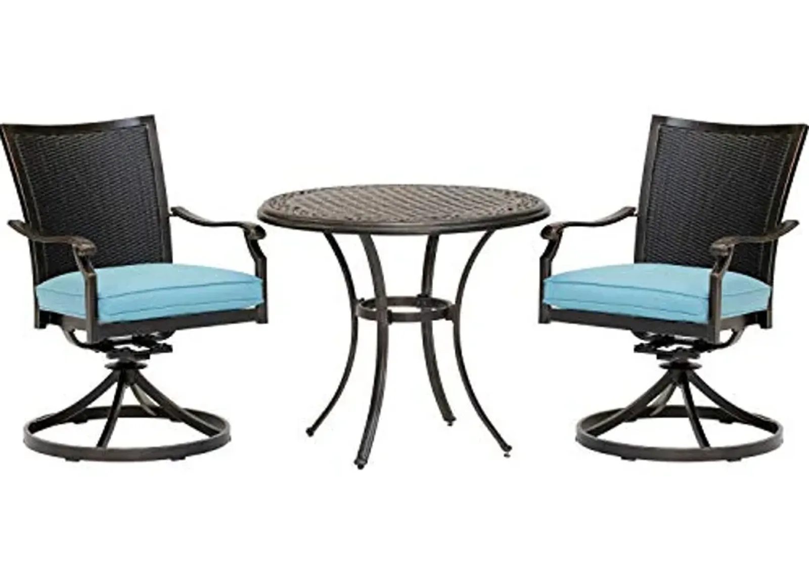 Hanover Traditions 3-Piece Patio Bistro Set, 2 Cushioned Wicker Back Cast Aluminum Swivel Rocker Chairs and 32" Round Cast Table, All-Weather Outdoor Conversation Set for Backyard, Patio, Deck, Porch