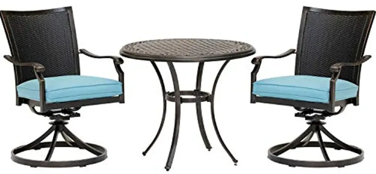 Hanover Traditions 3-Piece Patio Bistro Set, 2 Cushioned Wicker Back Cast Aluminum Swivel Rocker Chairs and 32" Round Cast Table, All-Weather Outdoor Conversation Set for Backyard, Patio, Deck, Porch