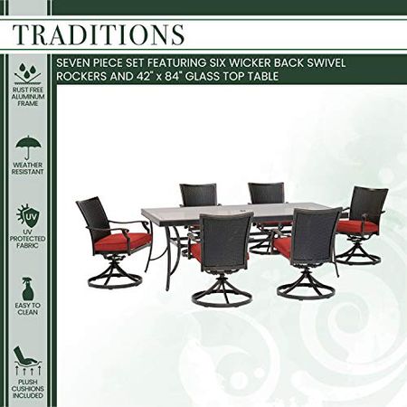 Hanover Traditions 7-Piece Red with 6 Wicker Back Swivel Rockers Outdoor Dining Set