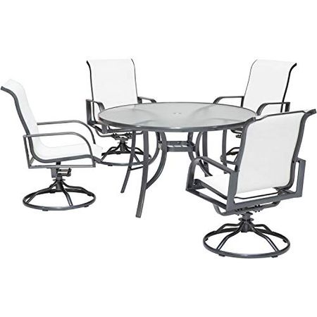 Hanover Phoenix 5-Piece Se Aluminum Sling Swivel Rocker Chairs and 48" Round Glass Table, Outdoor Dining Set for 4, Modern Patio Furniture for Backyard, Porch & Deck, White/Grey