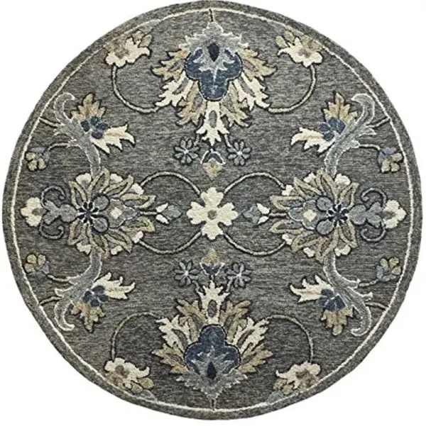 LR Home Traditional Gray Floral Jacobean Round Rug, 3' Round