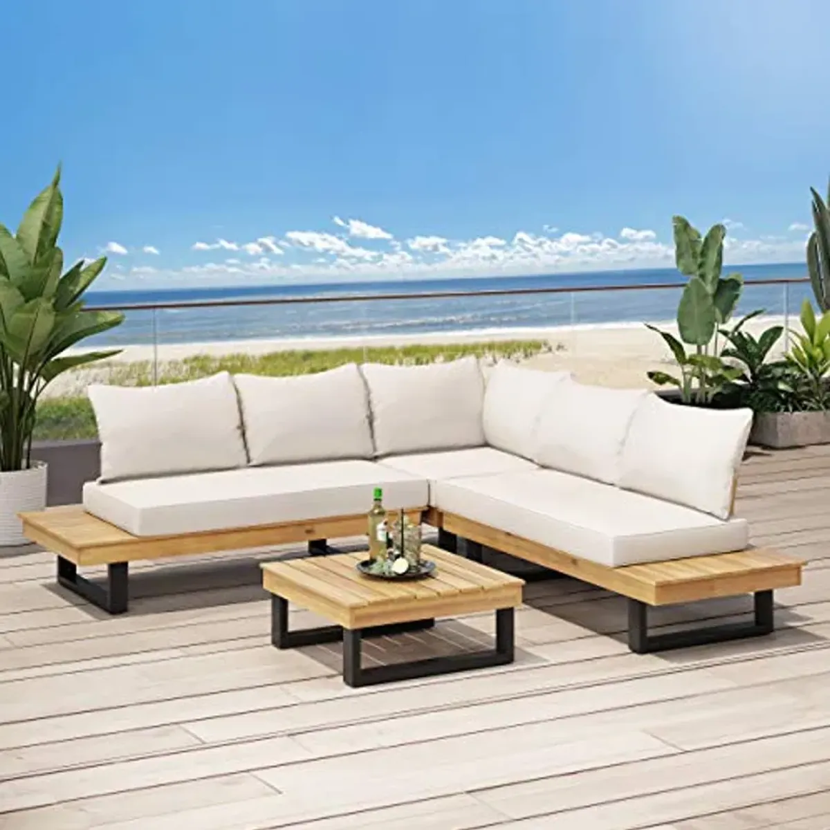 Christopher Knight Home Jerome Outdoor Acacia Wood 5 Seater Sofa Sectional, Teak and Beige