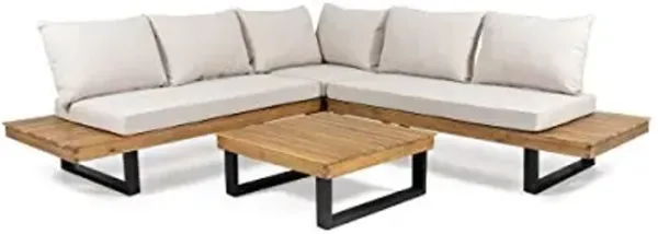 Christopher Knight Home Jerome Outdoor Acacia Wood 5 Seater Sofa Sectional, Teak and Beige
